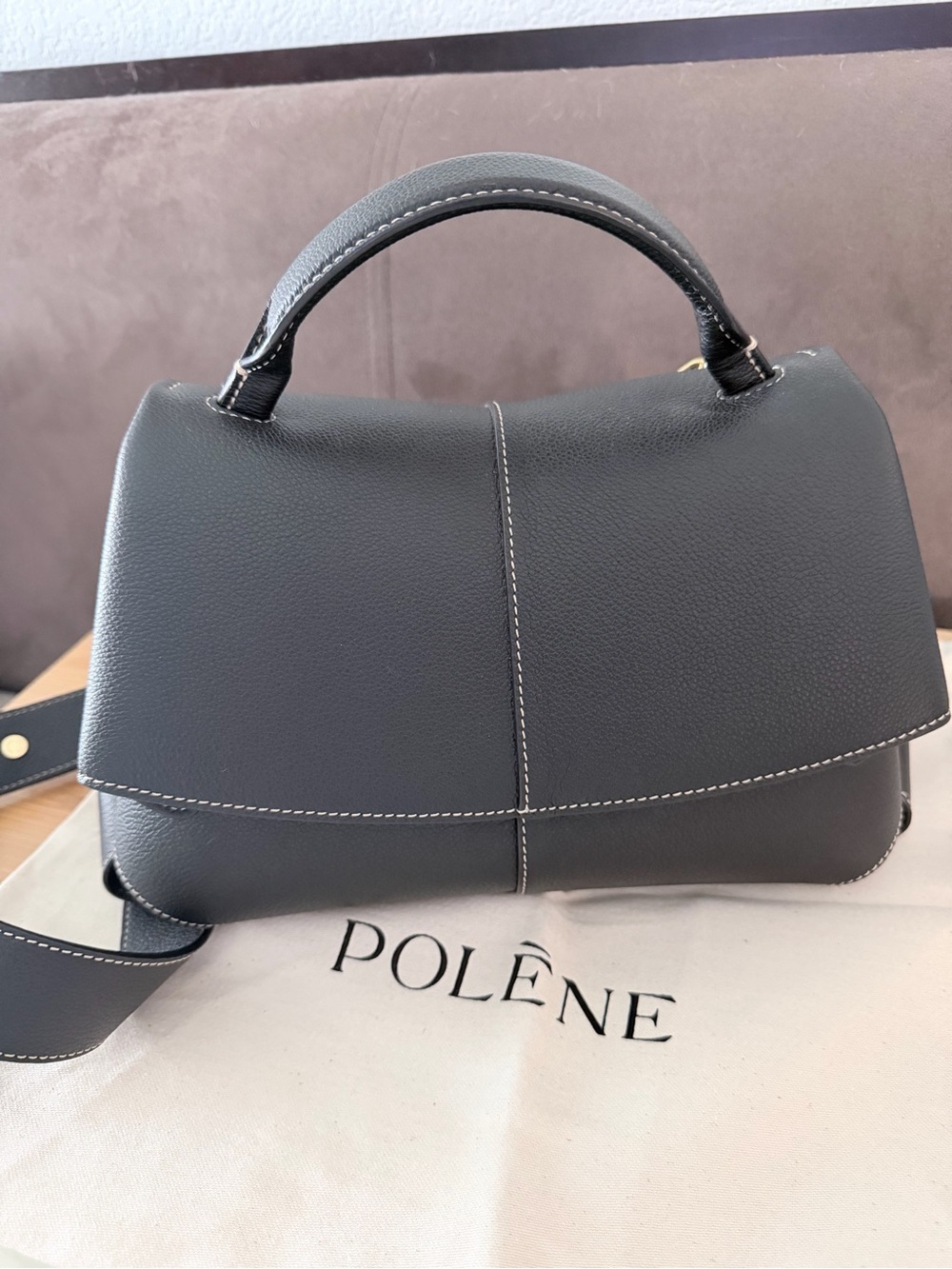 Authentic Polène Mokki Pebbled Leather Satchel in Black with Ecru Stitching